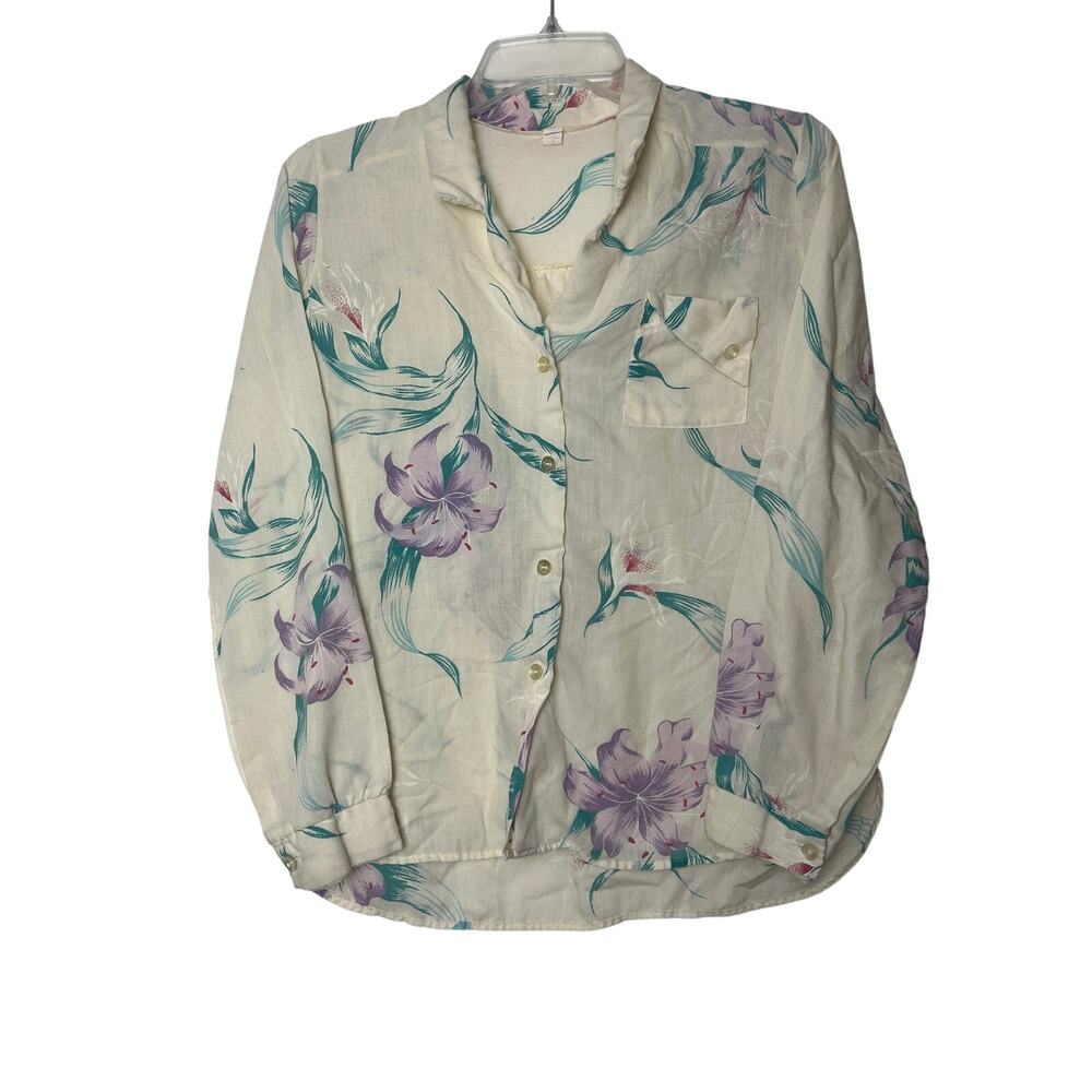 70s lightweight button down tropical blouse M